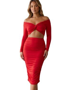 NWT | AZ Thriving Vibrant Red 2-Piece Set | Knot Crop Top & Ruched Mini Skirt |